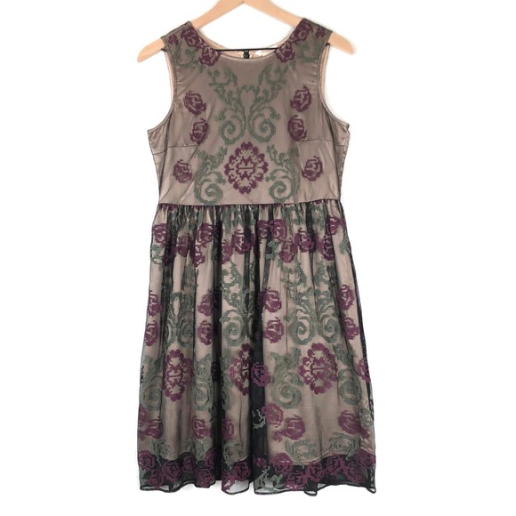 Sundance Dresses & Skirts - SUNDANCE Embroidered Mesh Fit Flare Midi Dress Sz 4 Tan Green Burgundy Floral